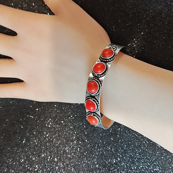 Red Coral Silver Plated Cuff Bracelet - Picture 3 of 3